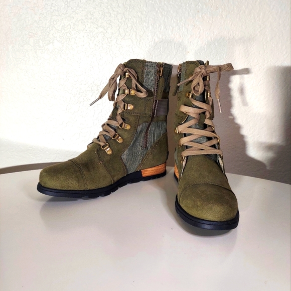 SOREL Major Carly Olive Green Suede Canvas Lace Up Combat Boots Women's Size 6.5 - Picture 8 of 16